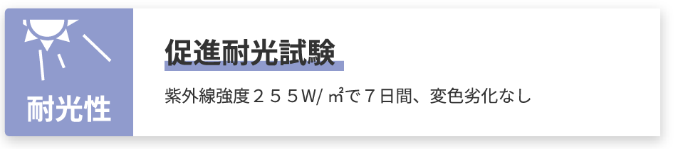 プロセブン耐震マット 耐光性　促進耐光試験　紫外線強度２５５W/㎡で７日間、変色劣化なし